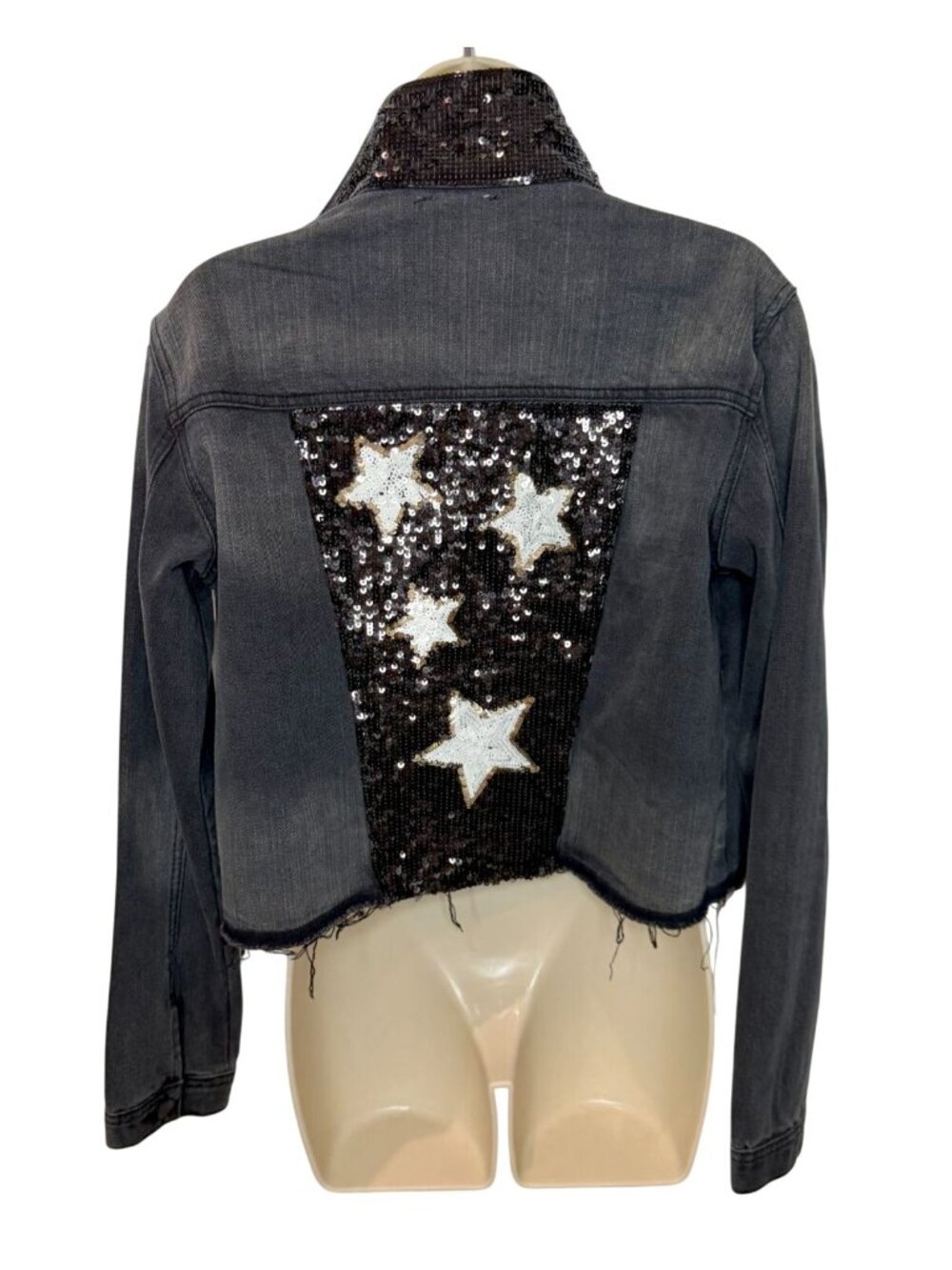 Aqua Luxe Capsule Sequined Cropped Denim Jacket - Size L